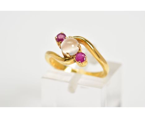 A MODERN RUBY AND MOONSTONE THREE STONE CROSS OVER DRESS RING, ring size J, approximate gross weight 3.5 grams