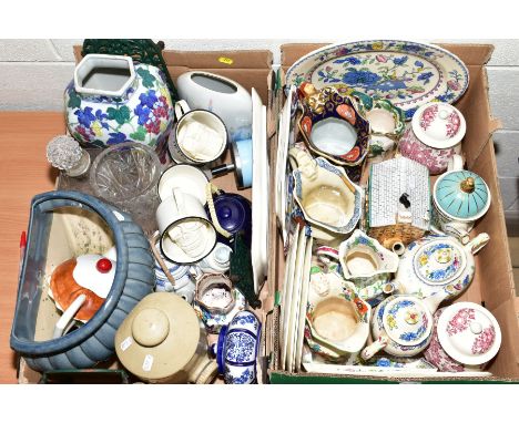 TWO BOXES OF CERAMICS AND GLASSWARE, including Masons Regency ornamental and dinnerwares, other Masons patterned items, novel