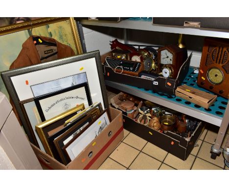 THREE BOXES AND LOOSE SUNDRY ITEMS to include Roberts RM33 radio, Casio vintage style radio, modern barometers, Celestron Sky