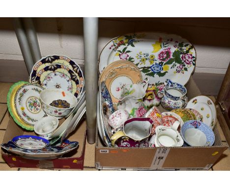 TWO BOXES OF MOSTLY 19TH CENTURY BRITISH CERAMICS, including Spode, Copeland, Royal Crown Derby, Martin, Shaw &amp; Cope jug,