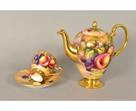 F.R.BUDD, (formerly of Royal Worcester) fruit painted coffee pot, coffee cup and saucer, gilt interior and edging, signed to 
