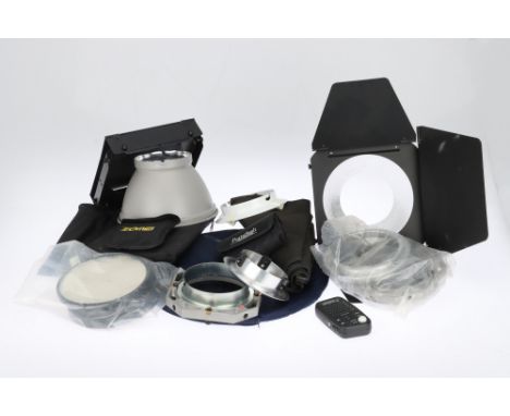 A Selection of Studio Light Modifiers, to include two sets of barn doors on dishes, a range of modifiers, a changing bag, &am