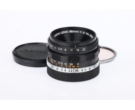 A Canon f/2 35mm Lens, 39mm screw mount, serial no. 36938, body, G, elements, VG, some very light internal haze