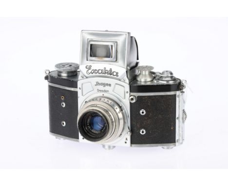 * An Ihagee Kine Exakta Camera, with Carl Zeiss Jena Tessar T f/3.5 50mm lens, body, F-G, shutter not working, lens, G-VG, so