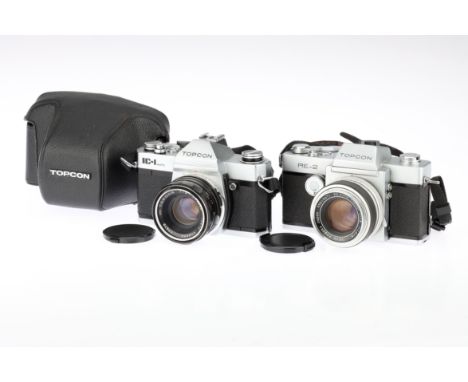 Two Tokyo Kogaku Topcon 35mm SLR Cameras comprising a Topcon RE-2 camera, chrome, serial no.5601889, with a RE.Auto-Topcor f/