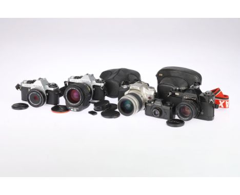 A Selection of Pentax SLR Cameras comprising a Pentax ES 35mm camera with a SMC Takumar f/1.8 55mm lens, a Pentax MEF 35mm ca