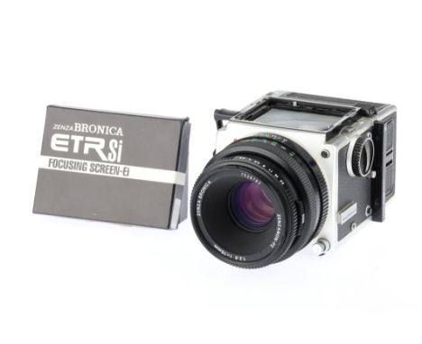 A Zenza Bronica ETR Silver Medium Format Camera, lacking waist level finder, with Zenzanon-PE f/2.8 75mm lens, black, serial 