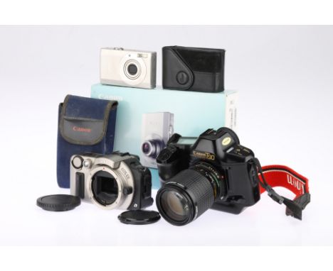 A Selection of Canon Cameras comprising a Canon T90 35mm SLR camera with a FD f/3.5-4.5 35-105mm lens, shutter working, body 