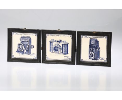 Three Ceramic Tiles Decorated with Popular Cameras, to include a tile with an image of an Olympus Flex, another with an image