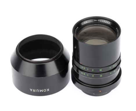 A Sankyo Kohki Komura f/3.5 200mm Camera Lens, black, body G, modified to Rollei SL66 mount, optics G, some light haze &amp; 