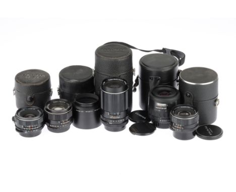 A Selection of Pentax Lenses comprising a Super-Multi-Coated Takumar f/3.5 35mm M42 lens, two Super-Takumar f/2 55mm M42 lens