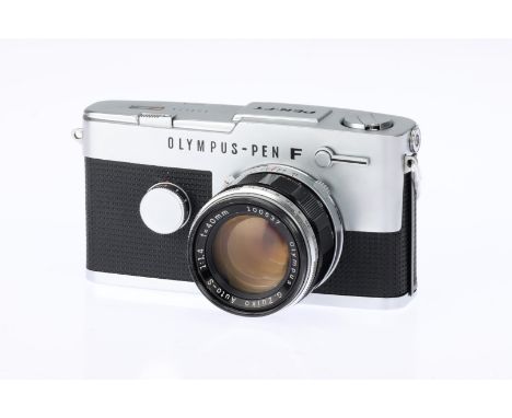 * A Olympus F Pen FT Half-Frame Camera, chrome, with Olympus G.Zuiko f/1.4 40mm lens, body, VG, lens, VG-E