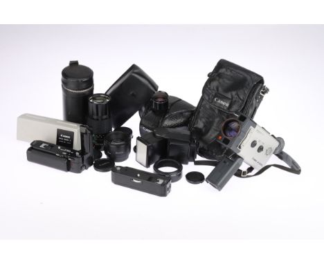 A Mixed Tray of Canon Photographic Equipment including a Canon AF310XL Super 8 camera, motor runs when batteries inserted, ot