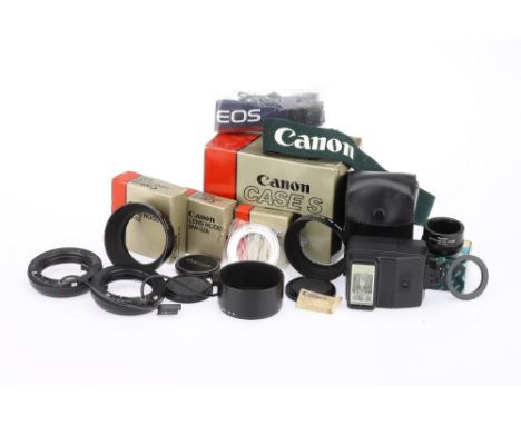 A Selection of Canon Camera Accessories, to include a Canon Lens Mount Converter P, a Lens Hood W-26, a green EOS strap, two 