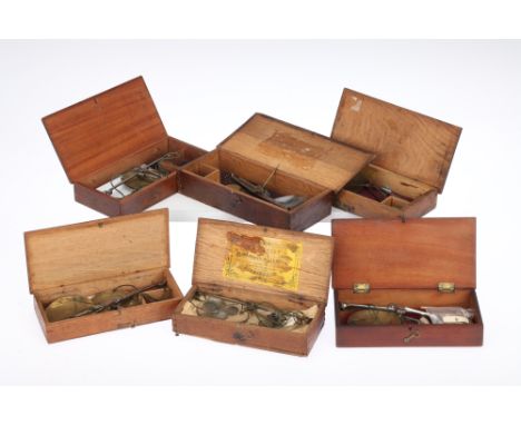 Collection of Victorian Hand-Held Scales, mostly victorian in wooden cases most with weights (x6) Provenance: collected at Ch