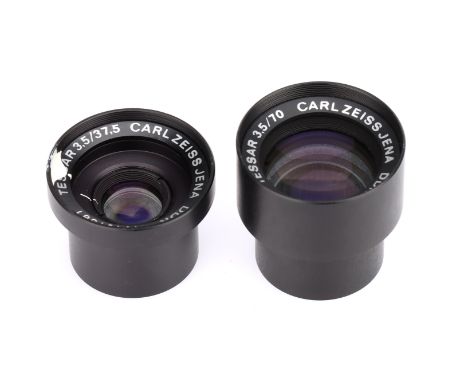 A Pair of Carl Zeiss Jena Tessar Lens Blocks, to include a Tessar f/3.5 37.5mm lens, serial no. 10407381, barrel no. 3933, bo