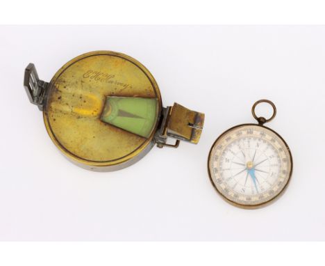 2 small Compasses, Comprising of a prismatic sighting compass, English, c.1910, signed on the green floating compass card 'J 