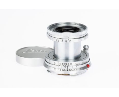 A Leitz Leica Elmar f/2.8 50mm Collapsible Camera Lens,&nbsp;chrome, serial no. 1590746, body VG-E, optics VG, some very ligh