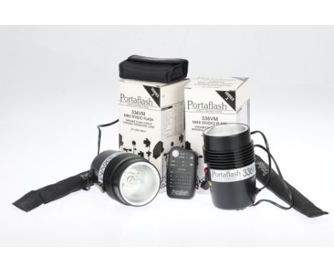 Two Portaflash 336VM Studio Lighting System Flash Heads, in VG condition, working at time of action, with flash meter / contr