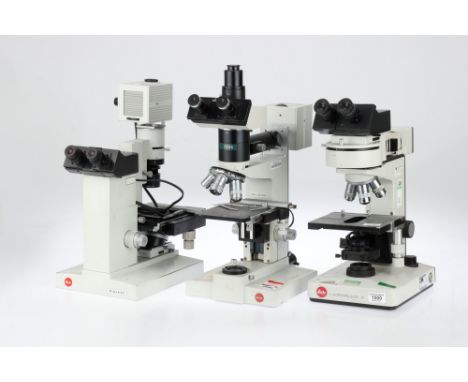 Collection of 3 Leitz Microscopes, including: A Leitz SM-LUX-POL with mechanical stage, 5 object turret with Leitz Pl8x objec