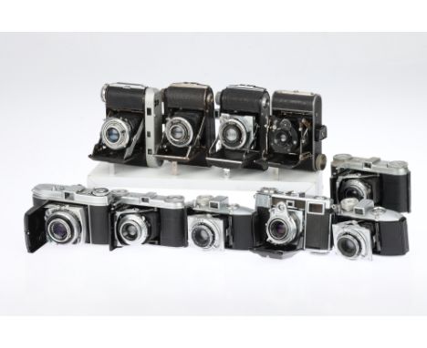 A Selection of 35mm Folding Cameras comprising two Agfa Karat 3.5 cameras, shutters working, a Kodak Retina Ib Type 018 camer