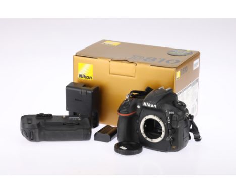 A Nikon D810 Digital SLR Camera Body, black, serial no. 6018398, body, VG, powers up and appears to function correctly, compl