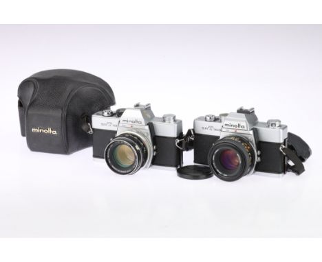 Two Minolta SRT 35mm SLR Cameras comprising a chrome SRT 303 camera, serial no.3129278, with a MD f/1.7 50mm lens, shutter wo