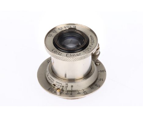 A Leitz Elmar f/3.5 50mm Camera Lens, nickel, serial no. 172853, body G-VG, optics G, some cleaning marks &amp; haze present,