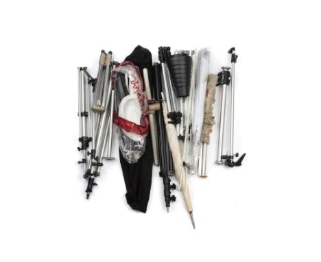 A Mixed Selection of Tripods &amp; Studio Accessories, to include a lighting stand, six umbrellas, a softbox support set, a r