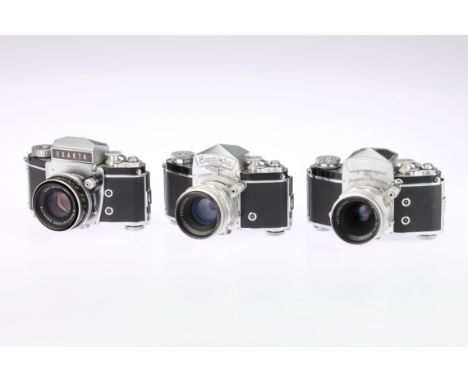 Three Ihagee Exakta Varex 35mm SLR Cameras comprising an Exakta Varex camera with a Carl Zeiss Jena Biotar f/2 58mm lens, an 