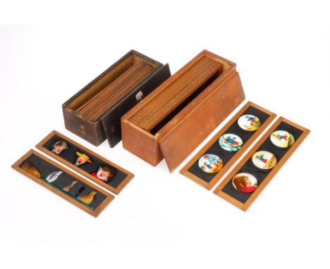 2 Cases of Mahogany Framed Magic Lantern Slides, the first wooden case containing a set of strip slides with hand pained imag