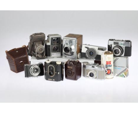 A Mixed Selection of Viewfinder and Box Cameras including an Ising Puck camera, an Agfa Silette L camera, a Ricoh Auto 35 cam