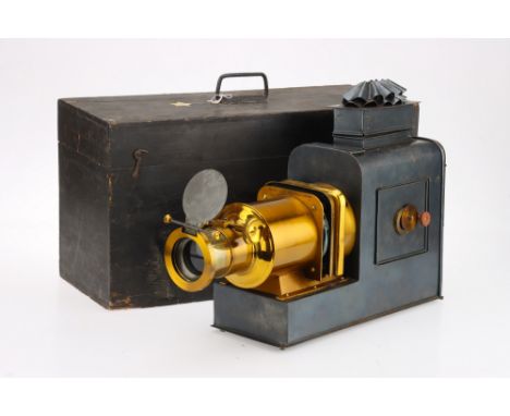 Walter Tyler Tinplate &amp; Brass Magic Lantern, English, c.1890, signed to a plaque on the door 'Walter Tylers New Pattern H