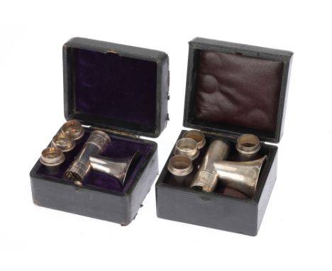 2 cased Brunton Type Auriscopes, 1 in a leather case marked 'MAPPIN &amp; Co 121 NEW ST BIRMINGHAM' in white metal, the other