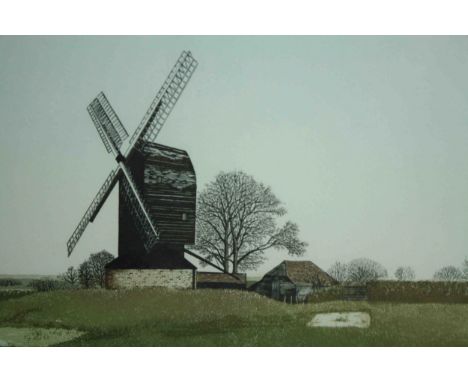 The Post Mill. Lithograph, print. Windmill. Signed indistinctly bottom right. Numbered limited edition of 250. H.41 W.46 cm. 