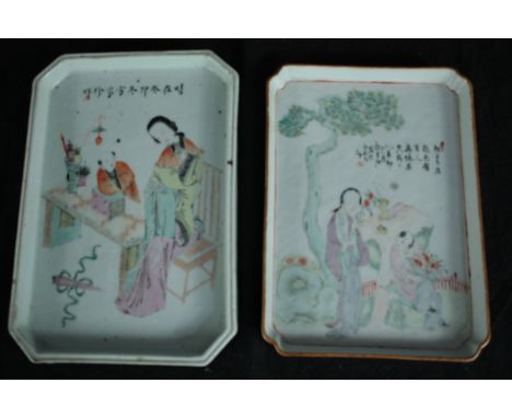 Two 19th century Chinese Famille Rose porcelain trays hand painted with figures. One of a scholar under a pine tree and the o