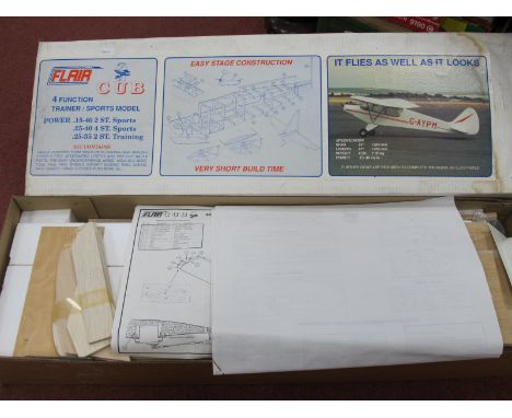 A Flair Cub 4 Function Trainer/Sports Model Aircraft Kit, pre-cut balsa wood parts, wingspan 73", length 47", boxed.