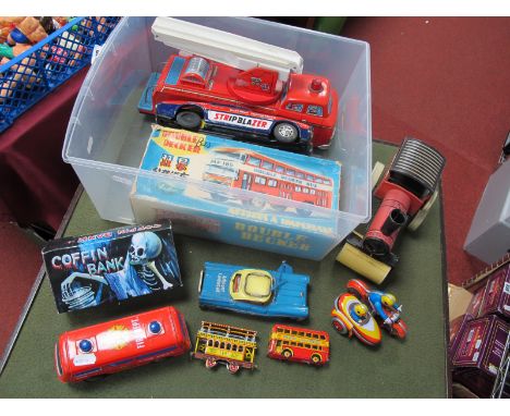 A Collection of Tinplate Model Vehicles, to include Trade Mark (TM) Japan battery operated fire engine,Chinese friction drive