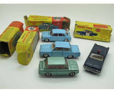 Four Boxed Dinky Toys Diecast Model Cars, #138 Hillman Imp Saloon, #139 Ford Consul Cortina, #204 R.C.M.P. Patrol Car, #140 M