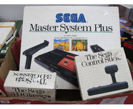 A Boxed Sega Master System Plus Video Game System, contents include console )stickers to fascia), light phaser, two control p