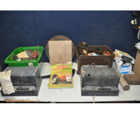 A LARGE COLLECTION OF MISCELLANEOUS to include vintage cameras, vintage vehicle spares, cutting and grinding discs, voltage r