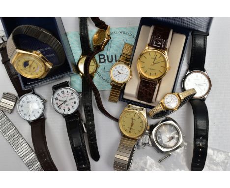 A COLLECTION OF WRISTWATCHES, to include a Bulova Accutron Day Date stainless steel wristwatch with service booklet (watch AF