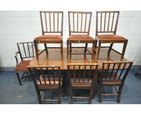 A GEORGIAN MAHOGANY GATE LEG TABLE, open length 192cm x closed length 67cm x depth 121cm x height 74cm, and six chairs with r