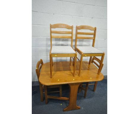 A MODERN GATE LEG TABLE, open length 120cm x closed length 32cm x depth 75cm x height 76cm, long with a set of four chairs, w