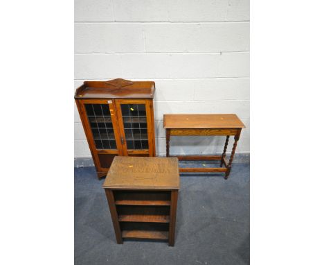 AN OAK LEAD GLAZED TWO DOOR BOOKCASE, width 68cm x depth 25cm x height 110cm with one key, and oak long planter with a hinged