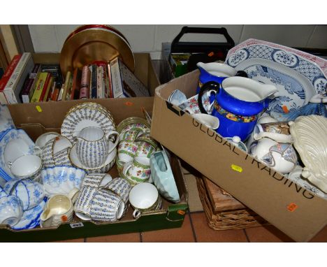 FOUR BOXES OF CERAMICS, GLASSWARES, BOOKS AND SUNDRY ITEMS, to include a Clarice Cliff wall pocket in the form of a shell num