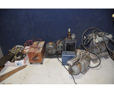 A COLLECTION OF VINTAGE POWERTOOLS to include a vintage universal amp tester, Hoover a.c motor, Speedivac high vacuum pump, T