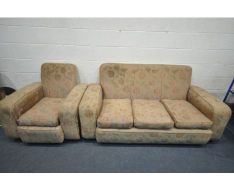 AN ART DECO LOUNGE SUITE, comprising a three seater settee, length 178cm x depth 96cm x height 94cm,  and a pair of armchairs