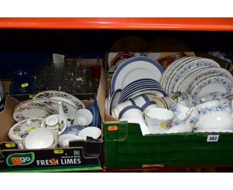 FOUR BOXES OF CERAMICS AND GLASSWARE, including Wedgwood 'Hathaway Rose' pattern tea and giftware, a small quantity of Wedgwo