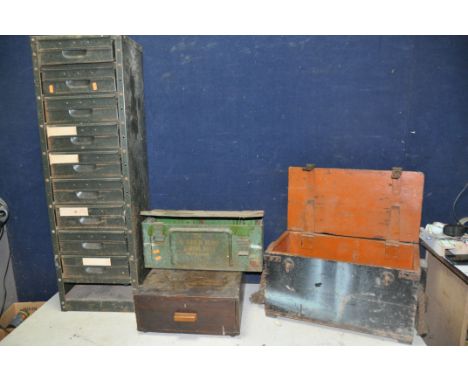 A VINTAGE N.C.BROWN METAL FILING CABINET missing one draw along with a military tin a wooden chest with rope handles and a si